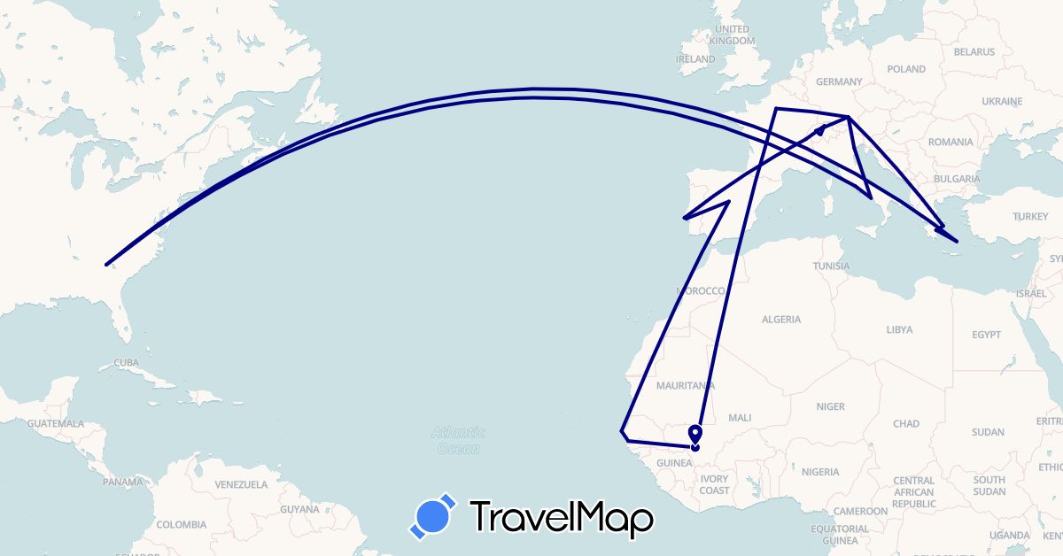 TravelMap itinerary: driving in Switzerland, Germany, Spain, France, Gambia, Greece, Italy, Mali, Portugal, Senegal, United States (Africa, Europe, North America)