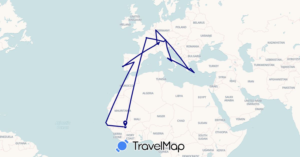 TravelMap itinerary: driving in Switzerland, Germany, Spain, France, Gambia, Greece, Italy, Mali, Portugal, Senegal (Africa, Europe)